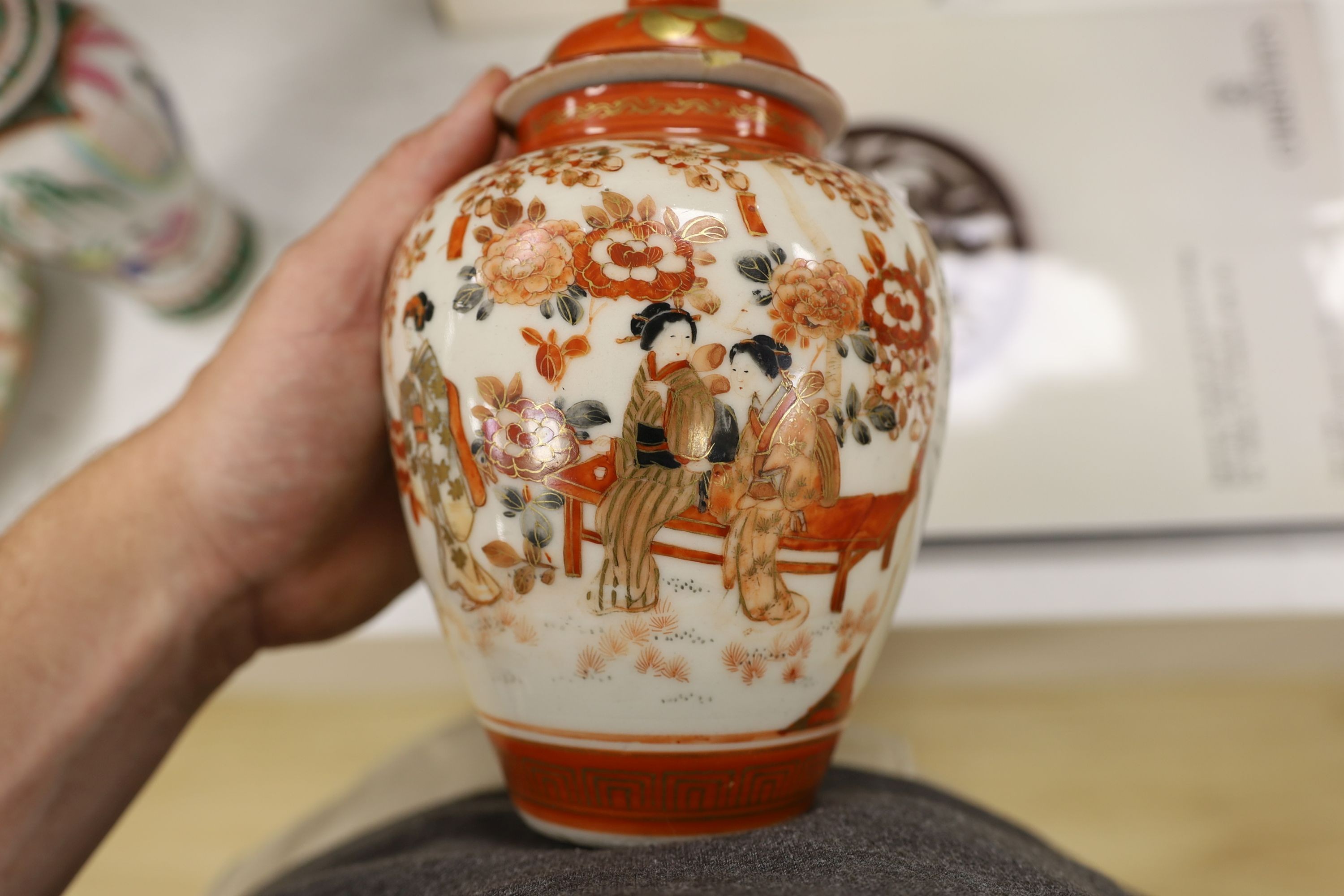 A Chinese famille charger, three vases and a plate, together with other Chinese and Japanese ceramics (13 items), Charger 48 cms diameter